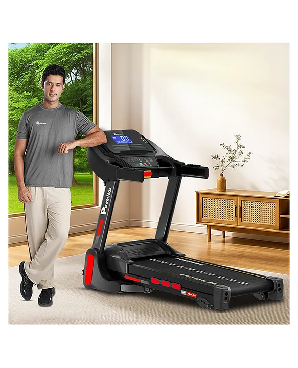 Powermax PowerMax Fitness TDM-98 4HP Foldable Motorized Manual Incline Treadmill for Home Use, 110kg Max User, Max Speed-12kmph, Preset, Heart Rate Sensors, AUX, Speaker, USB, LED Display,Black
