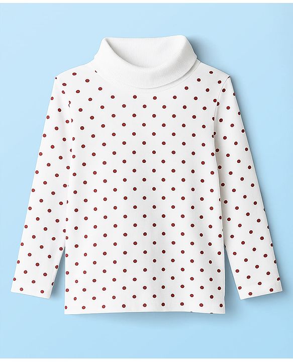 Babyhug Cotton Elastane Knit Full Sleeves Turtle Neck Winter T-Shirt with Polka Dot Print - White