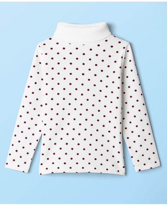 Babyhug Cotton Elastane Knit Full Sleeves Turtle Neck Winter T-Shirt with Polka Dot Print - White