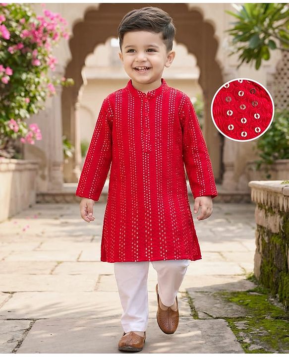Babyhug Hakoba Woven Full Sleeves Kurta Pyjama Set With Sequin Detailing - Red & White
