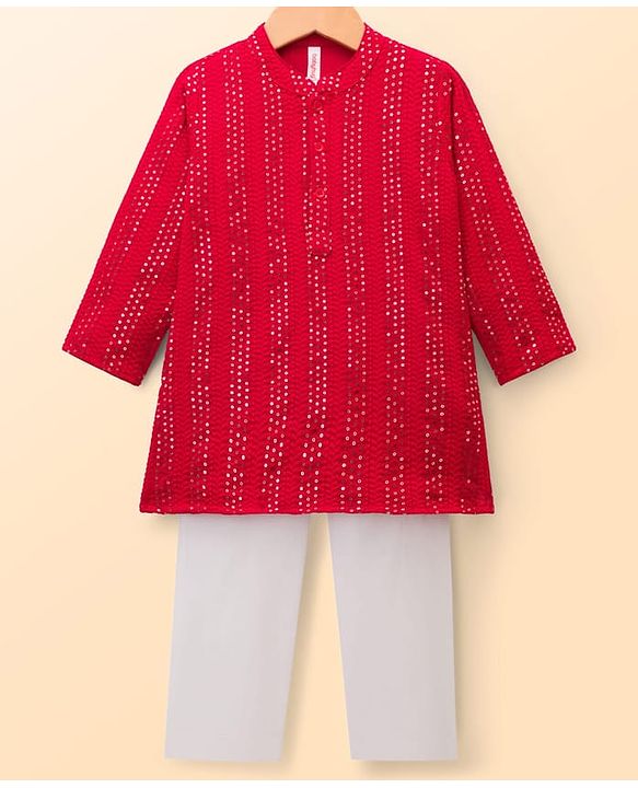 Babyhug Hakoba Woven Full Sleeves Kurta Pyjama Set With Sequin Detailing - Red & White