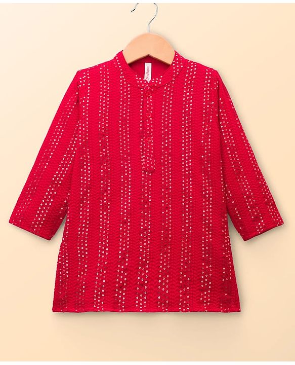 Babyhug Hakoba Woven Full Sleeves Kurta Pyjama Set With Sequin Detailing - Red & White