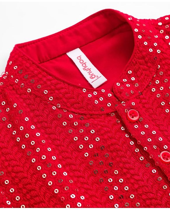 Babyhug Hakoba Woven Full Sleeves Kurta Pyjama Set With Sequin Detailing - Red & White