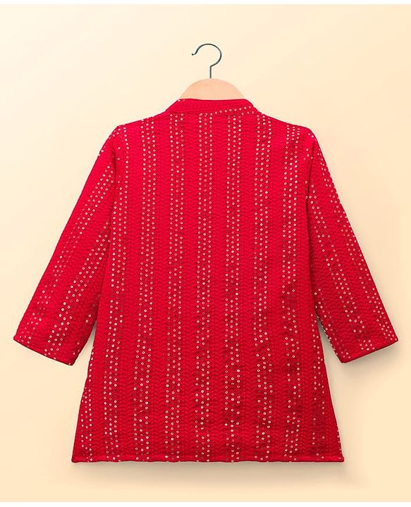 Babyhug Hakoba Woven Full Sleeves Kurta Pyjama Set With Sequin Detailing - Red & White