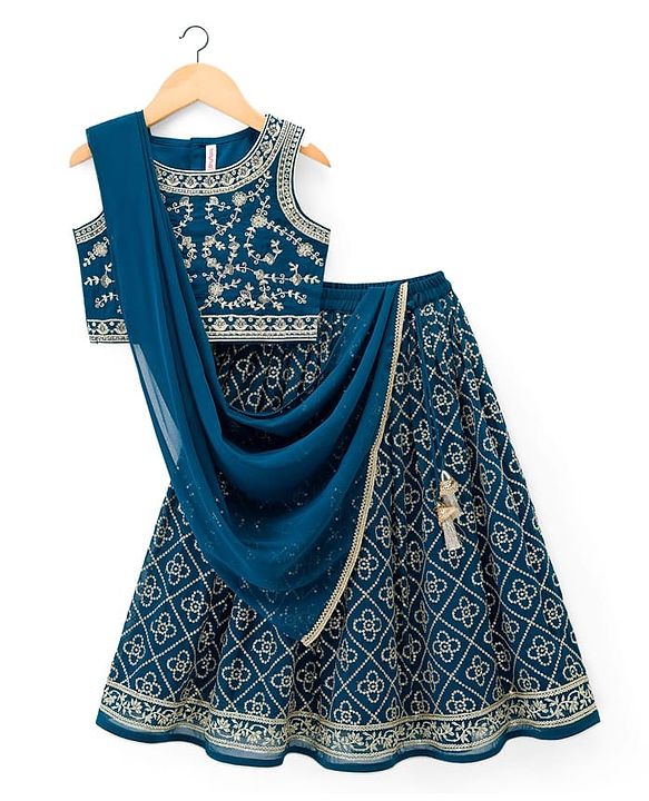 Babyhug Georgette Woven Sleeveless Choli Lehenga Set with Dupatta Embroidery & Sequin Detailing - Navy Blue