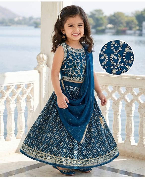 Babyhug Georgette Woven Sleeveless Choli Lehenga Set with Dupatta Embroidery & Sequin Detailing - Navy Blue