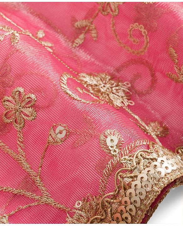 Babyhug Woven Half Sleeves Choli Lehenga & Dupatta Set With Floral Embriodery - Pink