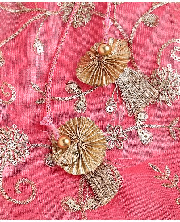 Babyhug Woven Half Sleeves Choli Lehenga & Dupatta Set With Floral Embriodery - Pink