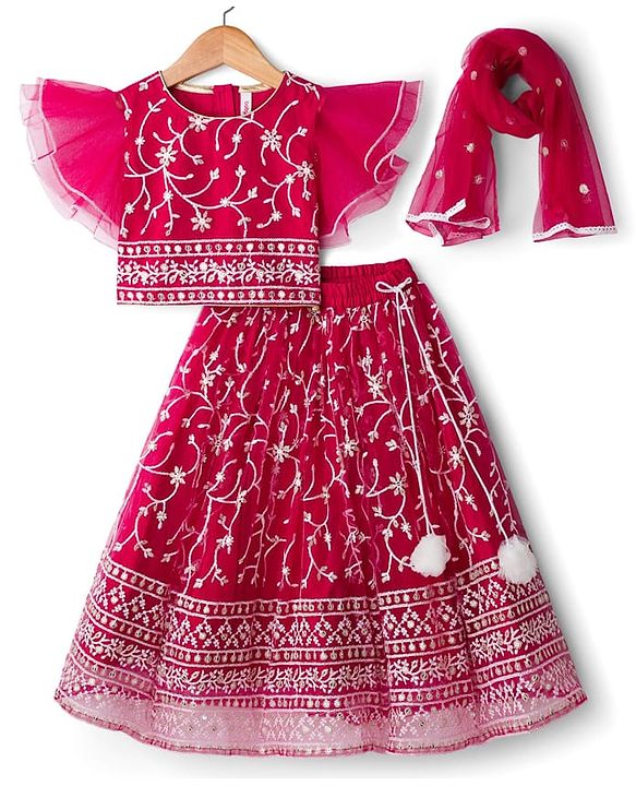 Babyhug Net Woven Frill Sleeves Choli Lehenga & Dupatta Set With Floral Embriodery - Dark Pink