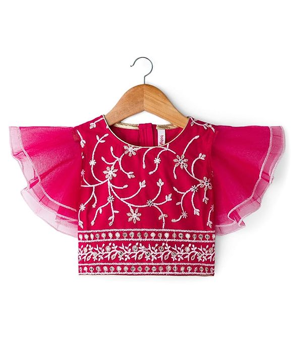 Babyhug Net Woven Frill Sleeves Choli Lehenga & Dupatta Set With Floral Embriodery - Dark Pink