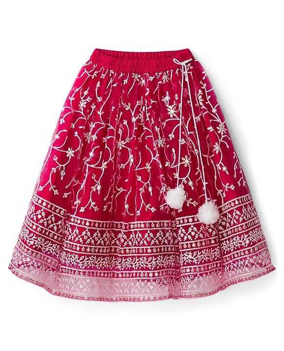 Babyhug Net Woven Frill Sleeves Choli Lehenga & Dupatta Set With Floral Embriodery - Dark Pink