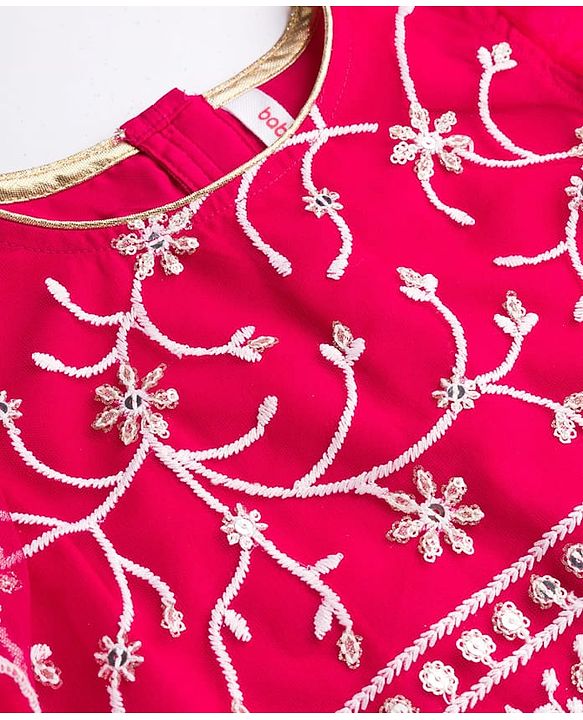 Babyhug Net Woven Frill Sleeves Choli Lehenga & Dupatta Set With Floral Embriodery - Dark Pink