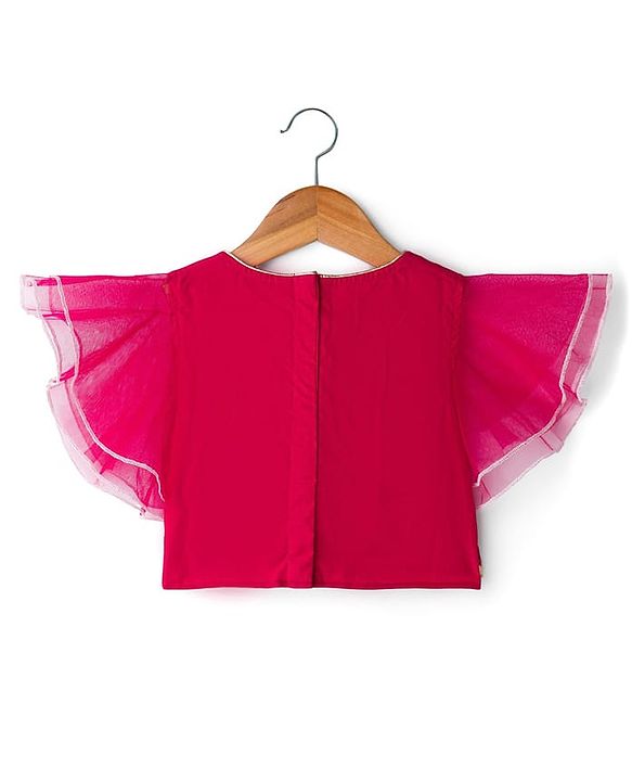 Babyhug Net Woven Frill Sleeves Choli Lehenga & Dupatta Set With Floral Embriodery - Dark Pink