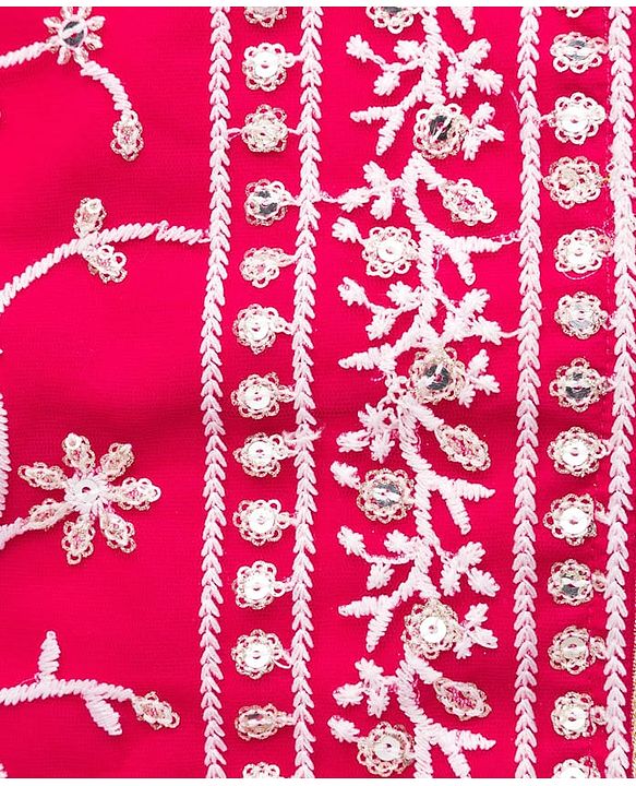 Babyhug Net Woven Frill Sleeves Choli Lehenga & Dupatta Set With Floral Embriodery - Dark Pink