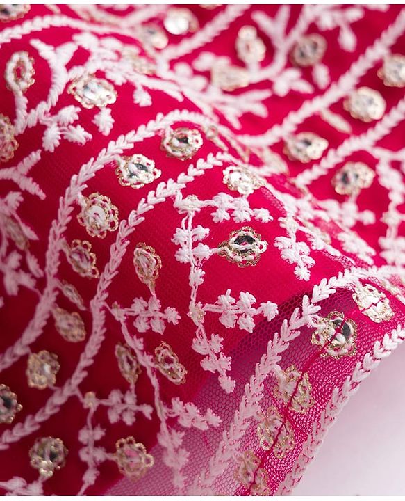 Babyhug Net Woven Frill Sleeves Choli Lehenga & Dupatta Set With Floral Embriodery - Dark Pink