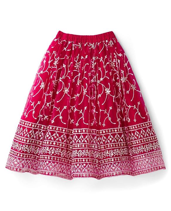 Babyhug Net Woven Frill Sleeves Choli Lehenga & Dupatta Set With Floral Embriodery - Dark Pink