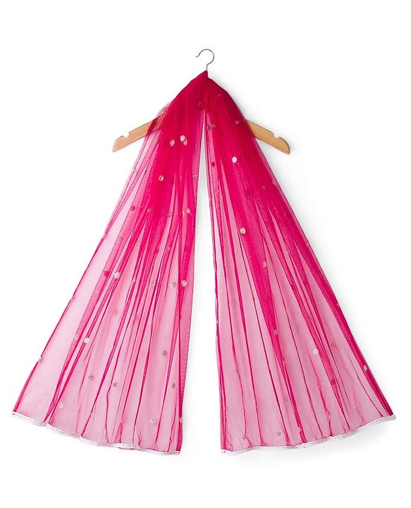 Babyhug Net Woven Frill Sleeves Choli Lehenga & Dupatta Set With Floral Embriodery - Dark Pink