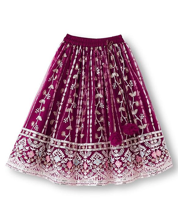 Babyhug Net Woven Half Sleeves Choli Lehenga & Dupatta Set With Floral Sequin Embriodery - Wine
