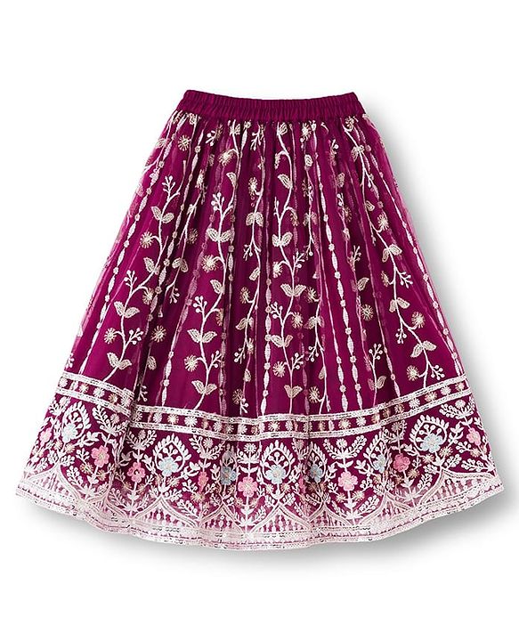Babyhug Net Woven Half Sleeves Choli Lehenga & Dupatta Set With Floral Sequin Embriodery - Wine