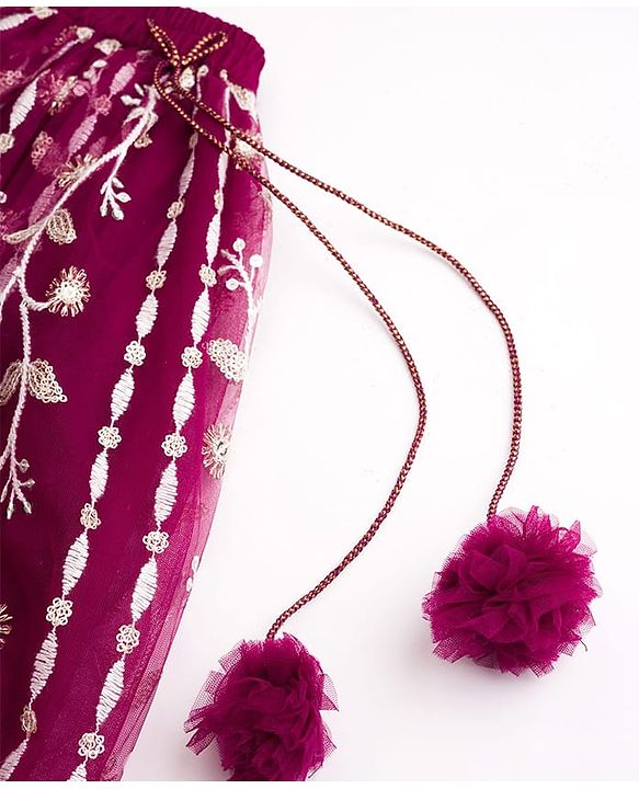 Babyhug Net Woven Half Sleeves Choli Lehenga & Dupatta Set With Floral Sequin Embriodery - Wine