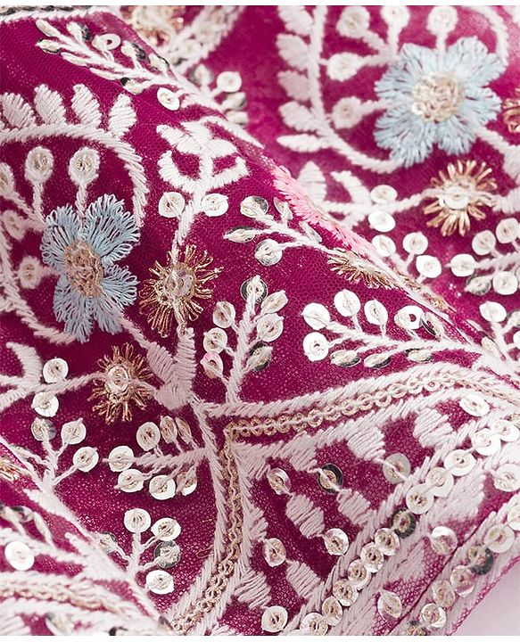 Babyhug Net Woven Half Sleeves Choli Lehenga & Dupatta Set With Floral Sequin Embriodery - Wine