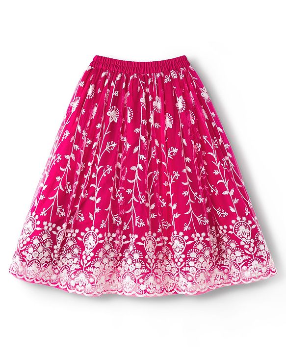 Babyhug Net Woven Frill Sleeves Choli Lehenga & Dupatta Set With Floral Embriodery - Fuschia