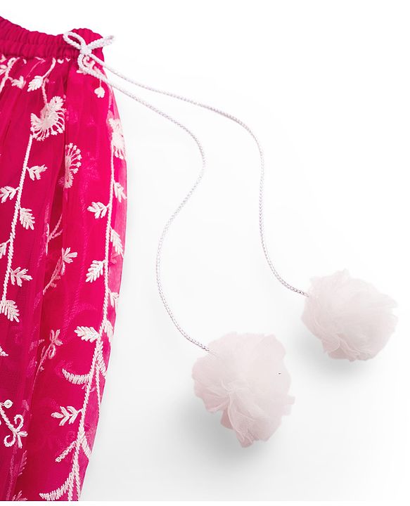 Babyhug Net Woven Frill Sleeves Choli Lehenga & Dupatta Set With Floral Embriodery - Fuschia