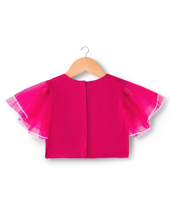 Babyhug Net Woven Frill Sleeves Choli Lehenga & Dupatta Set With Floral Embriodery - Fuschia
