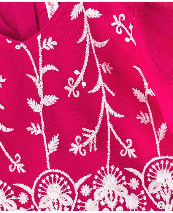 Babyhug Net Woven Frill Sleeves Choli Lehenga & Dupatta Set With Floral Embriodery - Fuschia