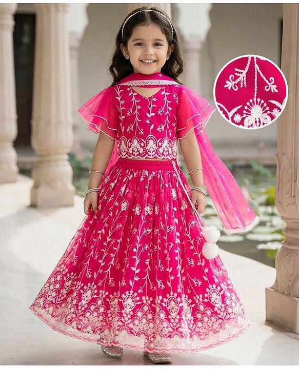 Babyhug Net Woven Frill Sleeves Choli Lehenga & Dupatta Set With Floral Embriodery - Fuschia