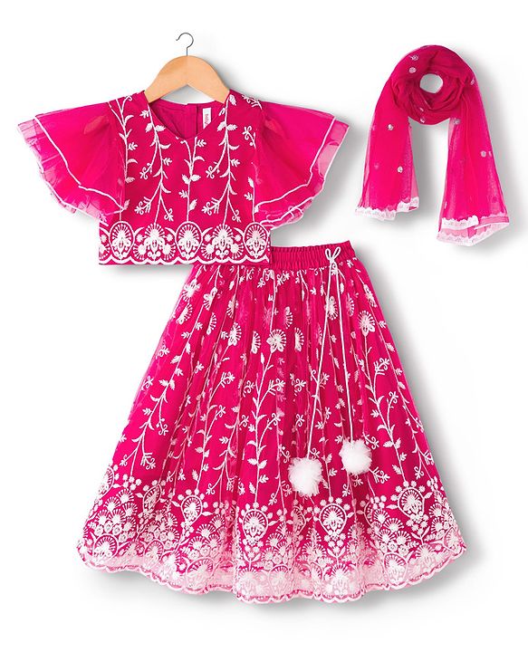 Babyhug Net Woven Frill Sleeves Choli Lehenga & Dupatta Set With Floral Embriodery - Fuschia