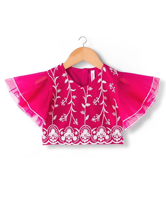Babyhug Net Woven Frill Sleeves Choli Lehenga & Dupatta Set With Floral Embriodery - Fuschia