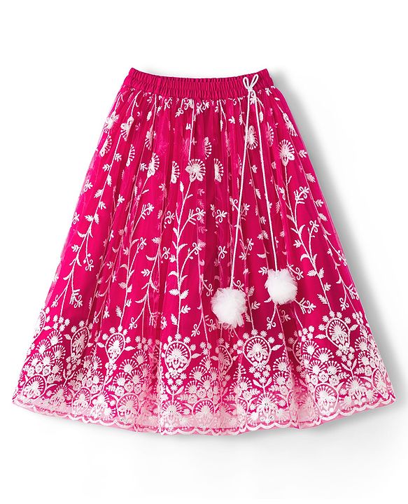 Babyhug Net Woven Frill Sleeves Choli Lehenga & Dupatta Set With Floral Embriodery - Fuschia