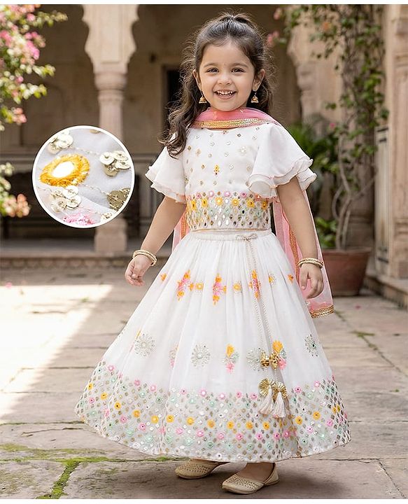 Babyhug Georgett Woven Flutter Sleeves Mirror Embroidered Choli Lehenga  and Dupatta Set  -White