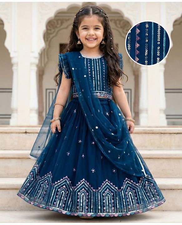 Babyhug Net Woven Half Sleeves Choli Lehenga & Dupatta Set With Sequin Embriodery - Blue