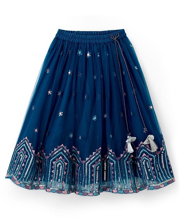Babyhug Net Woven Half Sleeves Choli Lehenga & Dupatta Set With Sequin Embriodery - Blue