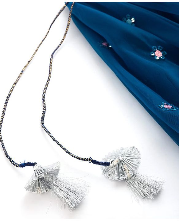 Babyhug Net Woven Half Sleeves Choli Lehenga & Dupatta Set With Sequin Embriodery - Blue