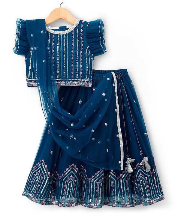 Babyhug Net Woven Half Sleeves Choli Lehenga & Dupatta Set With Sequin Embriodery - Blue