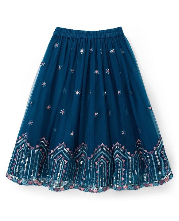 Babyhug Net Woven Half Sleeves Choli Lehenga & Dupatta Set With Sequin Embriodery - Blue