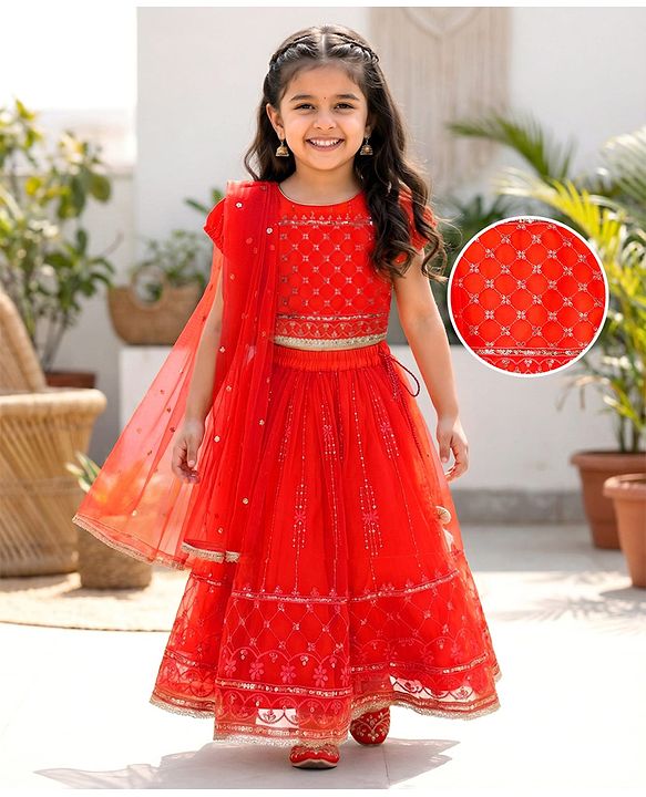 Babyhug Net Woven Half Sleeves Choli Lehenga & Dupatta Set With Sequin Embriodery - Orange