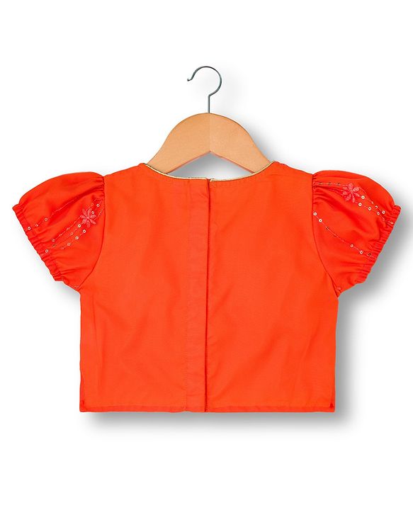 Babyhug Net Woven Half Sleeves Choli Lehenga & Dupatta Set With Sequin Embriodery - Orange