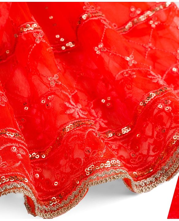 Babyhug Net Woven Half Sleeves Choli Lehenga & Dupatta Set With Sequin Embriodery - Orange