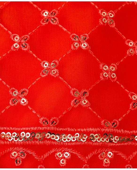 Babyhug Net Woven Half Sleeves Choli Lehenga & Dupatta Set With Sequin Embriodery - Orange