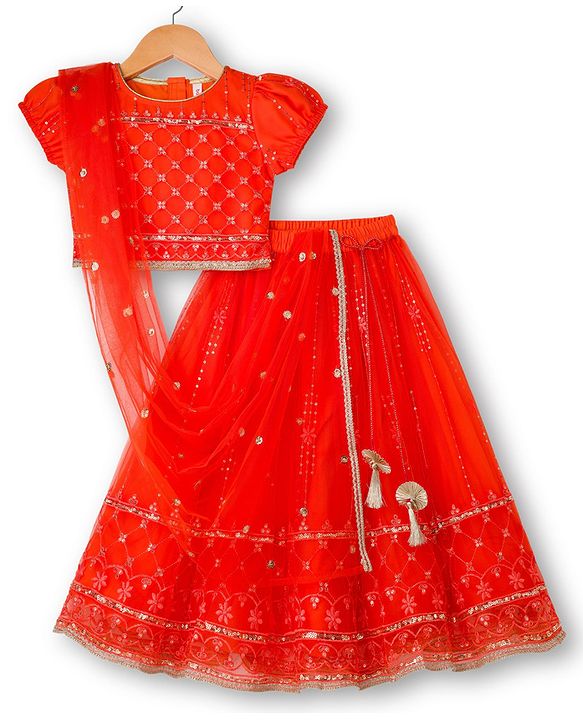Babyhug Net Woven Half Sleeves Choli Lehenga & Dupatta Set With Sequin Embriodery - Orange
