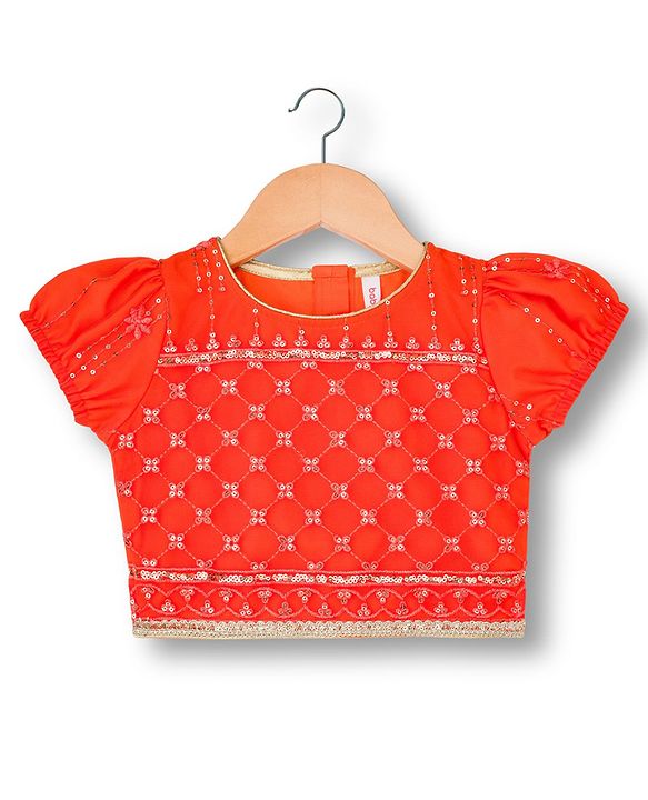 Babyhug Net Woven Half Sleeves Choli Lehenga & Dupatta Set With Sequin Embriodery - Orange