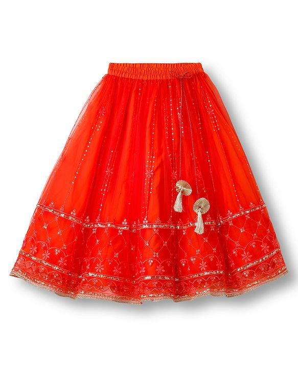 Babyhug Net Woven Half Sleeves Choli Lehenga & Dupatta Set With Sequin Embriodery - Orange