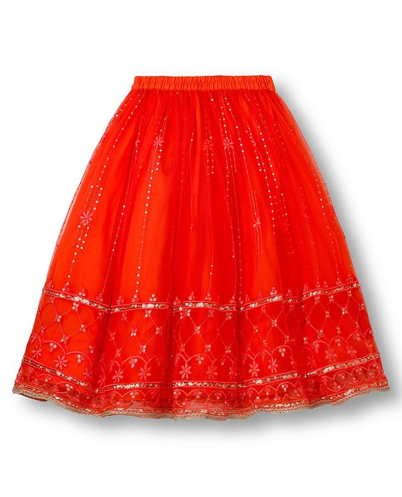 Babyhug Net Woven Half Sleeves Choli Lehenga & Dupatta Set With Sequin Embriodery - Orange