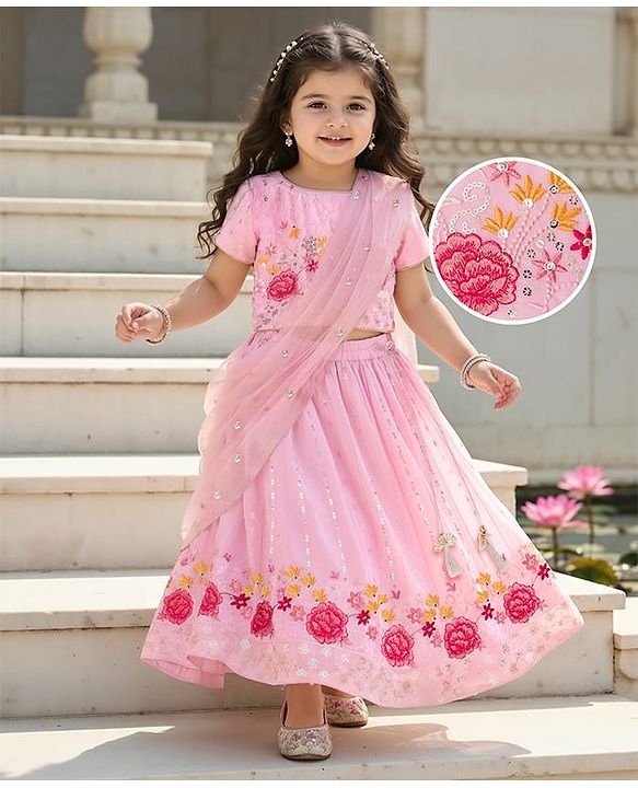 Babyhug Net Woven Half Sleevez Lehenga Choli Set With Floral Emrboidery & Dupatta - Peach