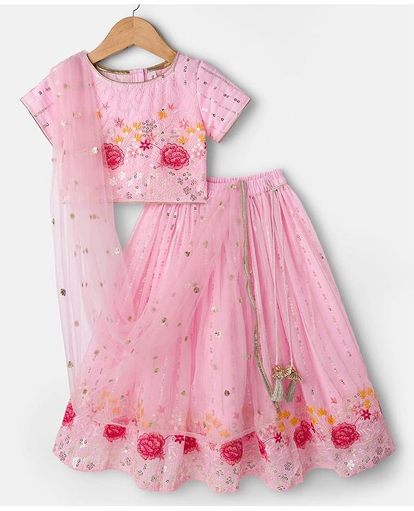 Babyhug Net Woven Half Sleevez Lehenga Choli Set With Floral Emrboidery & Dupatta - Peach