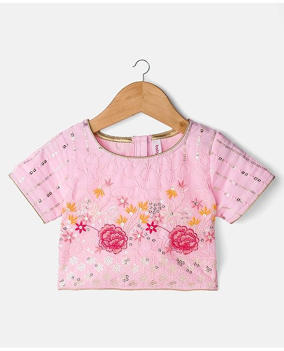 Babyhug Net Woven Half Sleevez Lehenga Choli Set With Floral Emrboidery & Dupatta - Peach